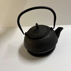 Japanese Cast Iron Hobnail Teapot Set with Trivet Black Enamel Lined Tetsubin